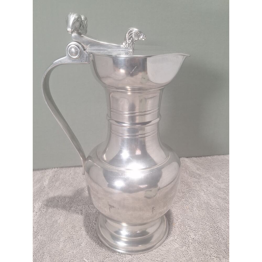 J Geneve Ram Head Pewter Flagon Swiss Lidded Wine Ewer 11in - Home Decor